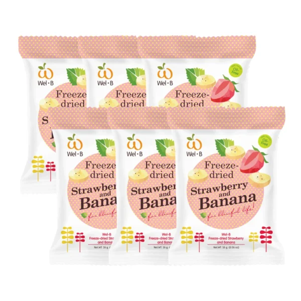 nuts-whole-grains-0080 Wel-B Freeze-dried Strawberry+Banana 16g. (สตรอเบอรี่กรอบและกล้วยกรอบ 16 กรัม) (แพ็ค 6 ซอง)