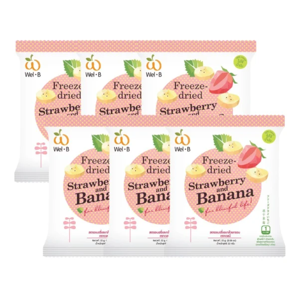 Wel-B Freeze-dried Strawberry+Banana 22g. (สตรอเบอรี่กรอบ และ กล้วยกรอบ 22 กรัม) (แพ็ค 6 ซอง)