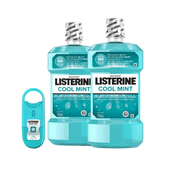oral-care-0231 ลิสเตอรีน น้ํายาบ้วนปาก คูลมินต์ 750 มล. x 2 + ลิสเตอรีน คูลมินต์ พ็อกเก็ตมิสท์ 7.7 มล. x 1