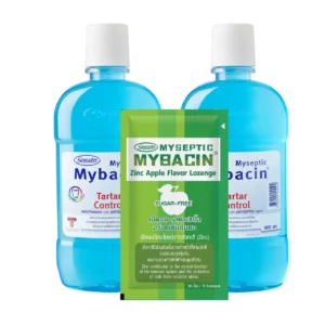 oral-care-0384 Mybacin Promotion 1 แถม 2 น้ํายาบ้วนปาก ขนาด 500 มล. สูตรทาร์ทาร์ +เม็ดอมซิ้งรสApple 1 ซอง