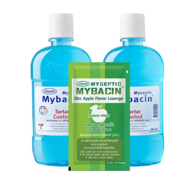oral-care-0384 Mybacin Promotion 1 แถม 2 น้ํายาบ้วนปาก ขนาด 500 มล. สูตรทาร์ทาร์ +เม็ดอมซิ้งรสApple 1 ซอง