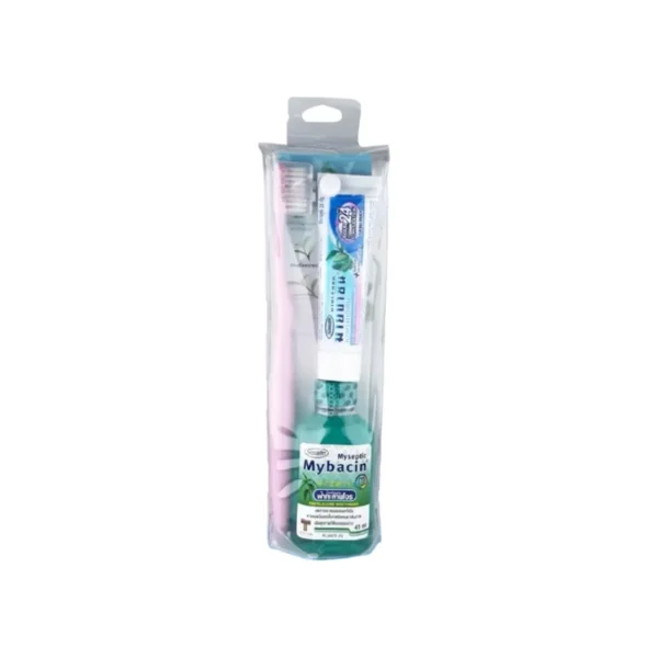 oral-care-0386 MyBacin Travel Set น้ํายาบ้วนปากสูตรฟ้าทะลายโจร 45ml+ยาสีฟันเบรท 25g +แปรงสีฟัน