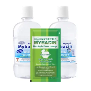 Mybacin Promotion 1 แถม 2 น้ํายาบ้วนปาก ขนาด 500 มล. สูตรไวท์ +เม็ดอมซิ้งรสApple 1 ซอง