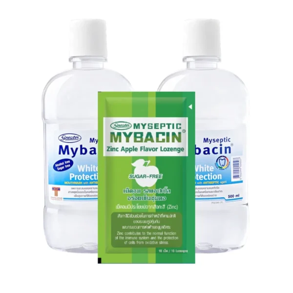 Mybacin Promotion 1 แถม 2 น้ํายาบ้วนปาก ขนาด 500 มล. สูตรไวท์ +เม็ดอมซิ้งรสApple 1 ซอง