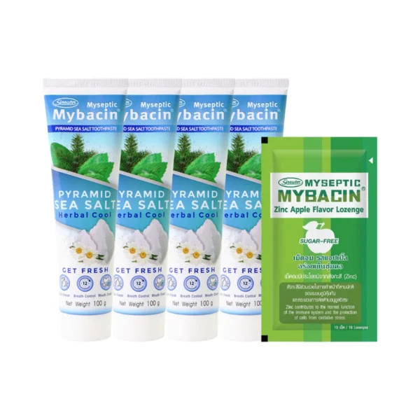 MyBacin Promotion 2 แถม 2 ยาสีฟัน สูตรพีระมิดซีซอลท์ มีฟลูออไรด์ฟันแข็งแรง ขนาด 50กรัม +เม็ดอมรสApple1 ซอง