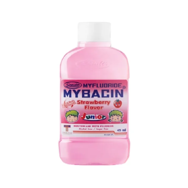 Mybacin น้ํายาบ้วนปากจูเนียร์ขนาดพกพา สูตรกลิ่นสตอเบอร์รี่ ขนาด 45มล. Mybacin