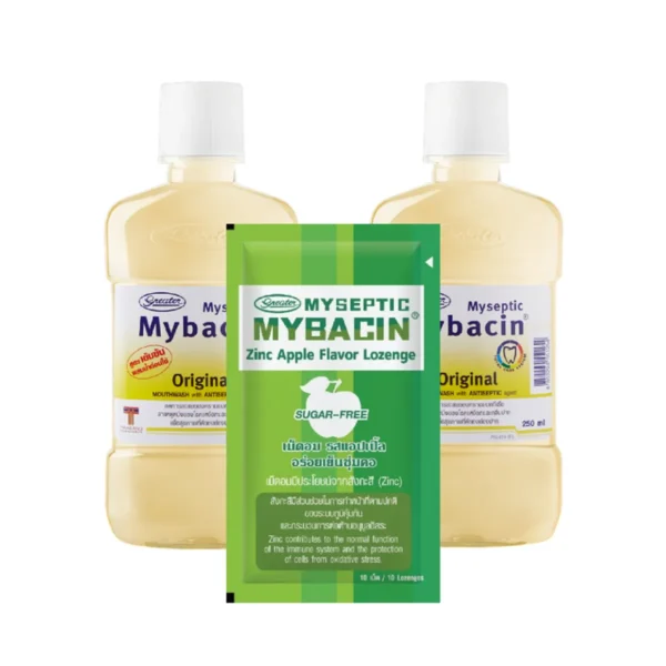 oral-care-0399 MyBacin (1 แถม 2) น้ํายาบ้วนปาก ขนาด 250 มล. สูตรออริ + เม็ดอมซิ้งรสApple 1 ซอง