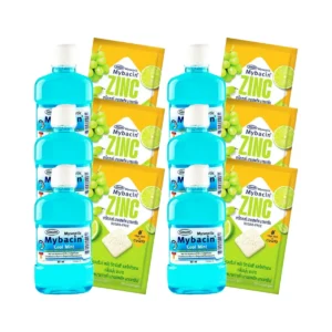 Mybacin Promotion 3 แถม 3 มายบาซินน้ํายาบ้วนปาก สูตรคูลมินท์ 95 มล. + เม็ดอมซิงค์ องุ่นมะนาว1ซอง