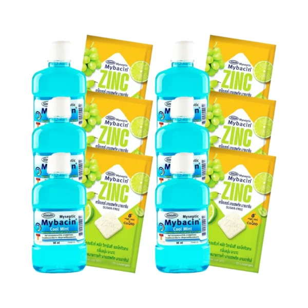 oral-care-0403 Mybacin Promotion 3 แถม 3 มายบาซินน้ํายาบ้วนปาก สูตรคูลมินท์ 95 มล. + เม็ดอมซิงค์ องุ่นมะนาว1ซอง