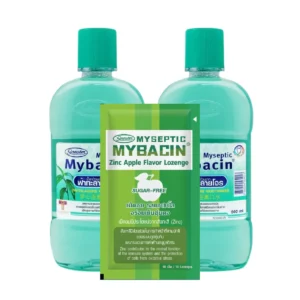 oral-care-0404 Mybacin Promotion 1 แถม 2 น้ํายาบ้วนปาก ขนาด 500 มล. สูตรฟ้าทะลายโจร +เม็ดอมซิงค์รสApple 1 ซอง