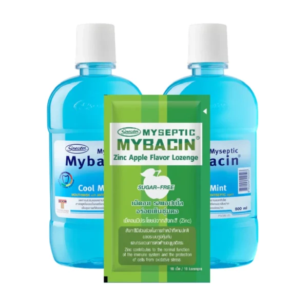 oral-care-0406 Mybacin Promotion 1 แถม 2 น้ํายาบ้วนปาก ขนาด 500 มล. สูตรคูลมิ้นท์ +เม็ดอมซิ้งรสApple 1 ซอง