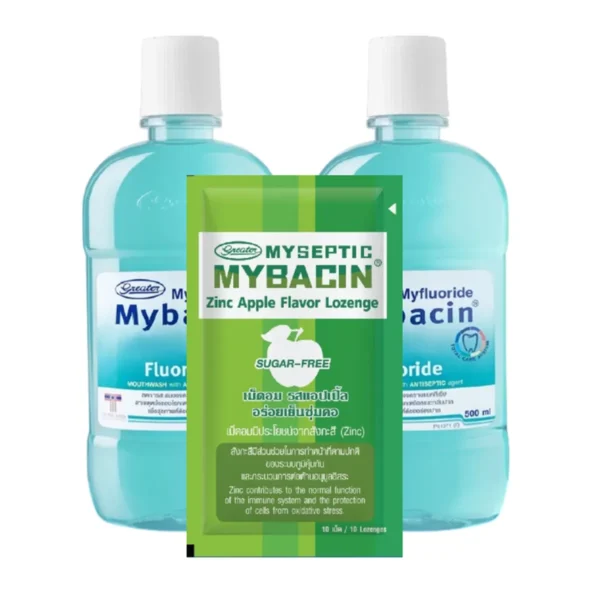 Mybacin Promotion 1 แถม 2 น้ํายาบ้วนปาก ขนาด 500 มล. สูตรฟลูออไรด์ +เม็ดอมซิ้งรสApple 1 ซอง