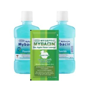 oral-care-0411 MyBacin (1 แถม 2) น้ํายาบ้วนปาก ขนาด 250 มล. สูตรฟลูออไรด์ + เม็ดอมซิ้งรสApple 1 ซอง