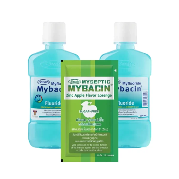 oral-care-0411 MyBacin (1 แถม 2) น้ํายาบ้วนปาก ขนาด 250 มล. สูตรฟลูออไรด์ + เม็ดอมซิ้งรสApple 1 ซอง