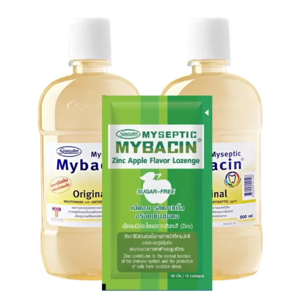 oral-care-0413 Mybacin Promotion 1 แถม 2 น้ํายาบ้วนปาก ขนาด 500 มล. สูตรออริ +เม็ดอมซิ้งรสApple 1 ซอง