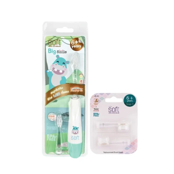 oral-care-0596 SET แปรงสีฟันไฟฟ้าระบบโซนิค SOFT รุ่น Big Smile 6ขวบขึ้นไป พร้อมหัวแปรง Step3 Hippo+Step3(1ชิ้น)