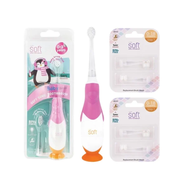 แปรงสีฟันไฟฟ้า SOFT Baby Smile สีชมพู พร้อมหัวแปรงสํารอง 2 ชุด Step 1+1