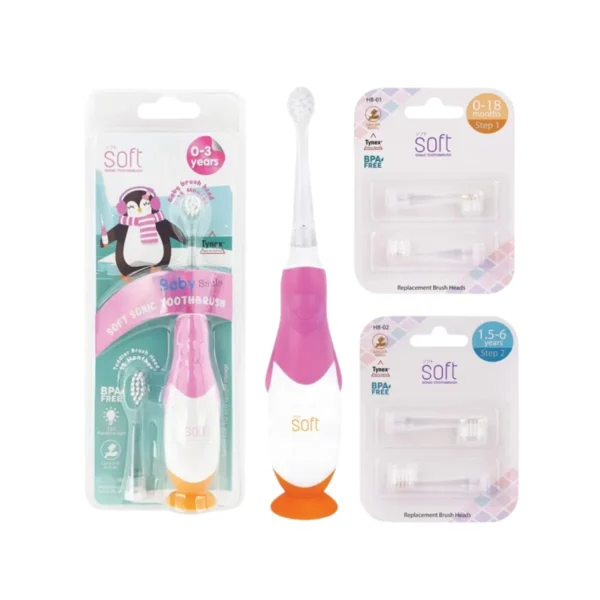 oral-care-0616 แปรงสีฟันไฟฟ้า SOFT Baby Smile สีชมพู พร้อมหัวแปรงสํารอง 2 ชุด Step 1+2
