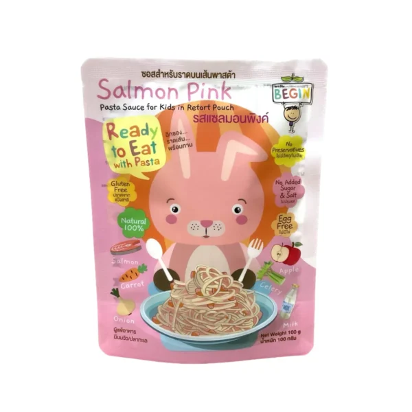 Begin Baby  เส้นสปาเก็ตตี้พร้อมซอสในตัว ฉีกซองพร้อมทาน สะดวก อร่อย ไม่ปรุงรส ไม่มีสารกันบูด รสแซลมอนพิงค์ 100 กรัม