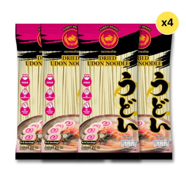 อุด้งเส้นแบนแห้ง 400 กรัม 4 ห่อ ตรากระต่าย - Udon Noodles  เส้นเหนียวนุ่ม สไตล์ญี่ปุ่น สินค้าเจ
