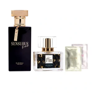 MADAME FIN โปรโมชั่นน้ําหอมมาดามฟินรุ่นคลาสสิก 1 ขวด(สีดํา Fin in black) + น้ําหอม SENSUOUS 1 ขวดและ โลชั่นขนาดพกพา ขนาด 10ml 2 ซอง (คละ)