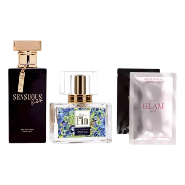 perfume-cologne-0310 MADAME FIN โปรโมชั่นน้ําหอมมาดามฟินรุ่นคลาสสิก 1 ขวด น้ําหอมใหม่ SENSUOUS 1 ขวดและ โลชั่นขนาดพกพา ขนาด 10ml 2 ซอง (คละ) SENSUOUS+ ฟ้า