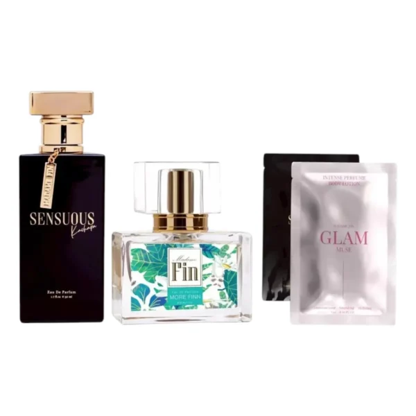 perfume-cologne-0318 MADAME FIN โปรโมชั่นน้ําหอมมาดามฟินรุ่นคลาสสิก 1 ขวด น้ําหอมใหม่ SENSUOUS 1 ขวดและ โลชั่นขนาดพกพา ขนาด 10ml 2 ซอง (คละ) SENSUOUS+ เขียว