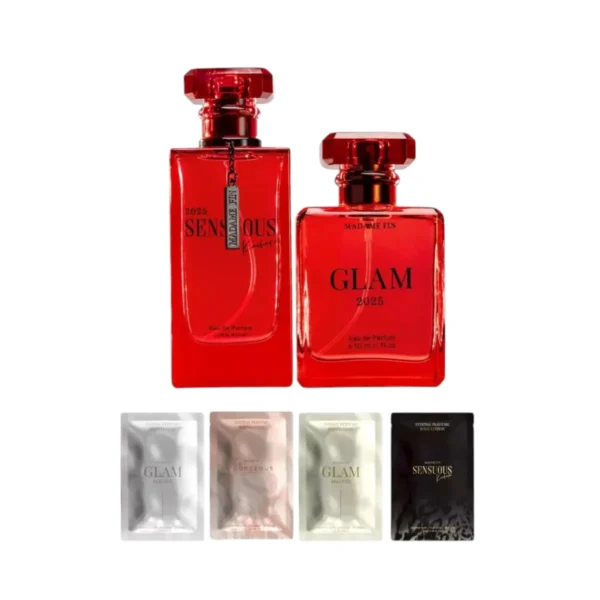 perfume-cologne-0349 Madame Fin น้ําหอม Sensuous2025 1 ขวด + น้ําหอมGlam2025 ขนาด50ml. 1 ขวด +โลชั่นขนาดพกพา 10ml(คละ) 4 ซอง