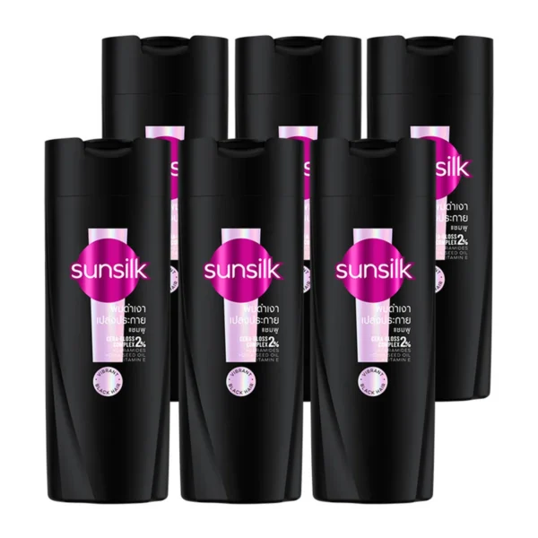 personal-care-0056 ซันซิล แชมพู แบล็ค ชายน์ สูตรผมดําเงางาม สีดํา 60 มล. x 6
