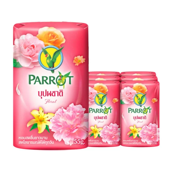 พฤกษานกแก้ว สบู่ก้อน กลิ่นบุปผชาติ สีชมพู 55 ก. x 6