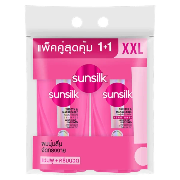 ซันซิล แชมพู+ครีมนวดผม สีชมพู ผมนุ่มลื่น จัดทรงง่าย 575 + 550 มล.