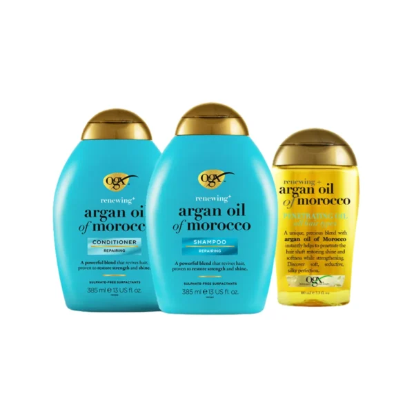 personal-care-0642 เซ็ตบํารุงพิเศษ โอจีเอ็กซ์ แชมพู รีนิววิง อาร์แกน ออยล์ ออฟ โมร็อกโก 385 มล. + ครีมนวดผม รีนิววิง อาร์แกน ออยล์ ออฟ โมร็อกโก 385 มล. + ออยบํารุงผม รีนิววิง อาร์แกน ออยล์ ออฟ โมร็อกโก 100 มล. x3