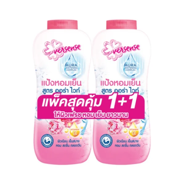 personal-care-0714 เอเวอร์เซ้นส์ แป้งหอม สูตรออร่า ไวท์ 280 กรัม สีชมพู แพ็คคู่