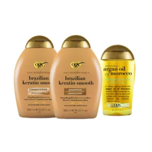 personal-care-0735 โอจีเอ็กซ์ เซ็ตบํารุงพิเศษ แชมพู เอเวอร์ สเตรทเทนนิ่ง บราซิลเลี่ยน เคราติน เทอราพี 385 มล + ครีมนวดผม 385 มล. + รีนิววิง อาร์แกน ออยล์ ออฟ โมร็อกโก 100 มล. x 3