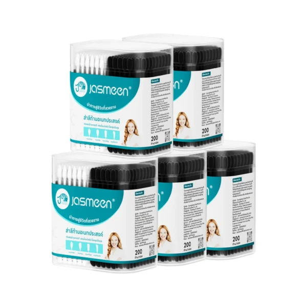 personal-care-1067 Jasmeen สําลีก้านอเนกประสงค์แบบ 4 หัว 1 กล่อง 200 ก้าน หัวสีดําและสีขาว ใช้ได้หลากหลาย x 5 กล่อง