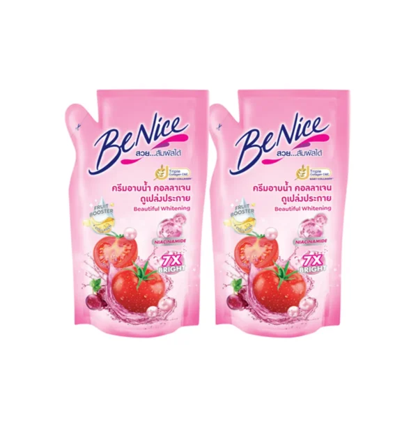 [แพ็ค2] BeNice บีไนซ์ผลิตภัณฑ์ครีมอาบน้ํา สูตรไวท์เทนนิ่ง ถุงเติม 400 มล. x2, สีชมพู ดับเบิ้ลคอลลาเจนพี ช่วยให้ผิวเนียนเด้ง