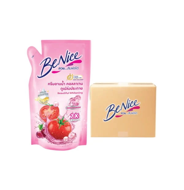 [ยกลัง] BeNice บีไนซ์ผลิตภัณฑ์ครีมอาบน้ํา สูตรไวท์เทนนิ่ง ถุงเติม 400 มล. x12, สีชมพู ดับเบิ้ลคอลลาเจนพี ช่วยให้ผิวเนียนเด้ง