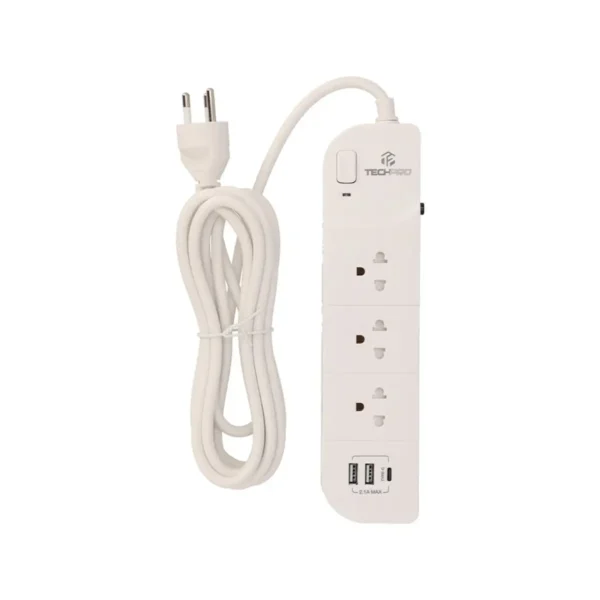 power-supply-0021 เทคโปร ปลั๊กไฟ 3 Way 1 Switch 2xUSB 1xType-C 3 ม. (PLG04) สีขาว