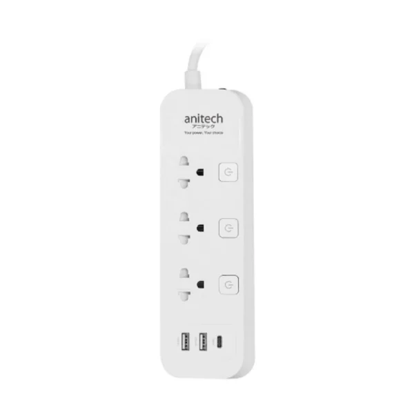 Anitech แอนิเทค ปลั๊กไฟมาตรฐาน มอก. 3 ช่อง 3 สวิตซ์ 2 USB 1 USB-C รุ่น H5333 [สินค้ารับประกัน 2 ปี] H5333-WHITE