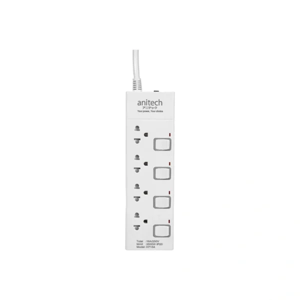 power-supply-0058 Anitech ปลั๊กไฟ 4 ช่อง 4 สวิตช์ รุ่น H7154 สายยาว 5 เมตร กําลังไฟ 3500 วัตต์