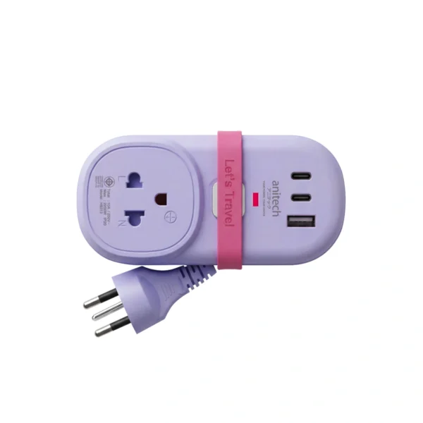 Anitech ปลั๊กไฟ รุ่น H9313-PURPLE 1 ช่องเสียบ USB 2 ช่อง กําลังไฟสูงสุด 2200W สายยาว 1.2 ม.