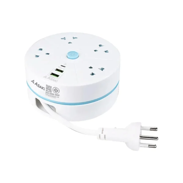 power-supply-0063 Asaki Power Strip ปลั๊กไฟตลับม้วน 3เมตร 4ช่อง มี มอก. รุ่น AK-PL49-4U3 ประกัน 3 ปี ปลั๊กกลม ฟ้า