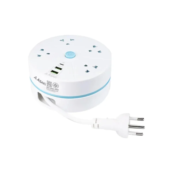 Asaki ปลั๊กไฟ มาตรฐาน มอก. ปลั๊กพ่วง รางปลั๊ก 3 ช่อง 2300W ยาว 3 เมตร รุ่น AK-PL48 - ประกัน 3 ปี ปลั๊กตลับสีฟ้า 3เมตร