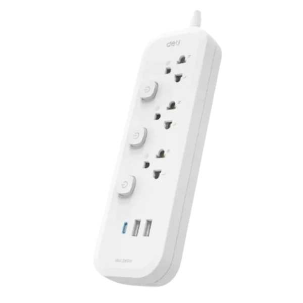 DELI ปลั๊กไฟมาตรฐานมอก.ตัดไฟอัตโนมัติ ปลอดภัย แบบ 3USB แยกสวิตซ์ 3 ช่อง 5 เมตร