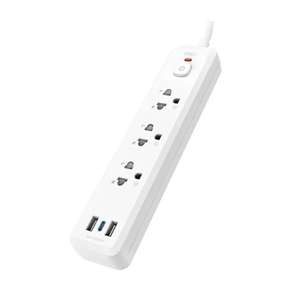 Deli รางปลั๊กไฟ 10A 2300W มี มอก. 3ช่อง 3เมตร 2USB 1typeC 1สวิตซ์ สีขาว รุ่น CT497 1ชิ้น