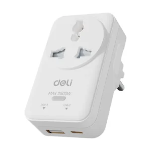 power-supply-0127 Deli อแดปเตอร์ปลั๊กแปลง 250V 12-2500W สีขาว รุ่น ET739-WH1 1ชิ้น