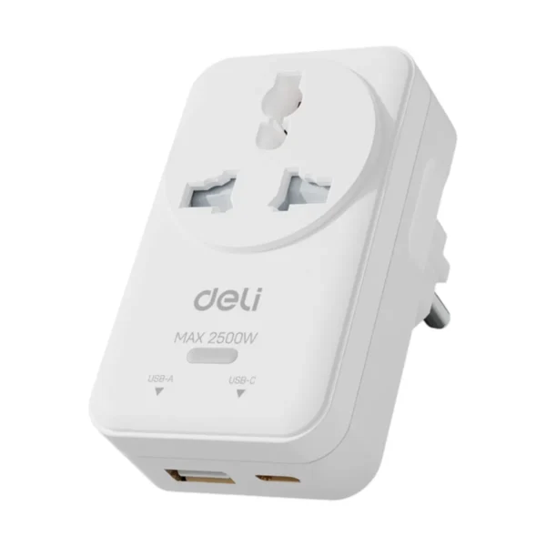 power-supply-0127 Deli อแดปเตอร์ปลั๊กแปลง 250V 12-2500W สีขาว รุ่น ET739-WH1 1ชิ้น