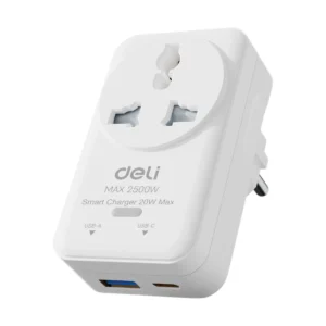 power-supply-0128 Deli อแดปเตอร์ปลั๊กแปลง 250V 20-2500W สีขาว รุ่น ET739-WH2 1ชิ้น
