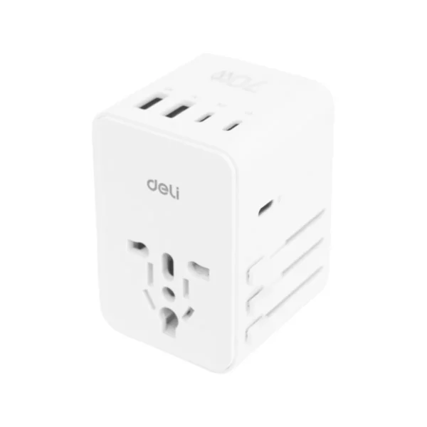 power-supply-0132 Deli หัวแปลงปลั๊กไฟ หัวชาร์จต่างประเทศ แรงดันไฟ110-230V สีขาว รุ่น ET768 1ชิ้น ขาวA2+C3ชาร์จเร็ว70w