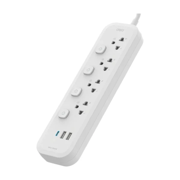 power-supply-0135 Deli รางปลั๊กไฟ กําลังไฟ 2300W 4ช่อง 3เมตร 2USB 1C สีเทา รุ่น CT495 1ชิ้น